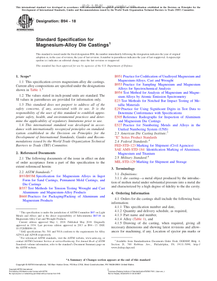ASTM B94-2018  Standard Specification for Magnesium-Alloy Die Castings