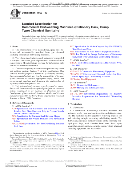 ASTM F953-2019 工業(yè)洗碟機（固定架，翻轉型）化學消毒規(guī)范 Standard Specification for Commercial Dishwashing Machines (Stationary Rack, Dump Type) Chemical Sanitizing