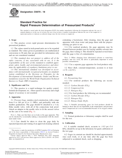 ASTM D3070-2018  Standard Practice for Rapid Pressure Determination of Pressurized Products