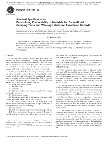 ASTM F3431-2020  Standard Specification for Determining Flammability of Materials for Recreational Camping Tents and Warning Labels for Associated Hazards