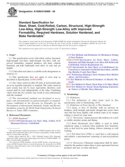 ASTM A1008/A1008M-2020  Standard Specification for Steel, Sheet, Cold-Rolled, Carbon, Structural, High-Strength Low-Alloy, High-Strength Low-Alloy with Improved Formability, Required Hardness, Solution Hardened, and Bake Hardenable