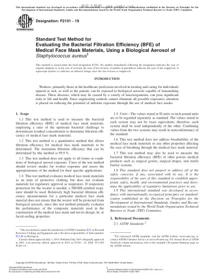 ASTM F2101-2019 用金黃色葡萄球菌生物氣溶膠評(píng)定醫(yī)用面罩材料細(xì)菌過(guò)濾效率的試驗(yàn)方法 Standard Test Method for Evaluating the Bacterial Filtration Efficiency (BFE) of Medical Face Mask Materials, Using a Biological Aerosol of Staphylococcus aureus