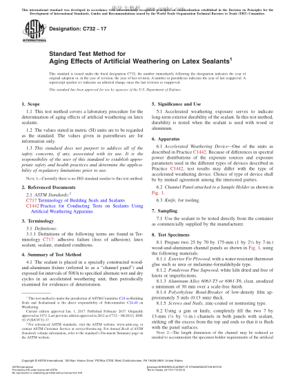 ASTM C732-2017 人工氣候?qū)θ槟z密封膠老化影響的試驗(yàn)方法 Standard Test Method for  Aging Effects of Artificial Weathering on Latex Sealants