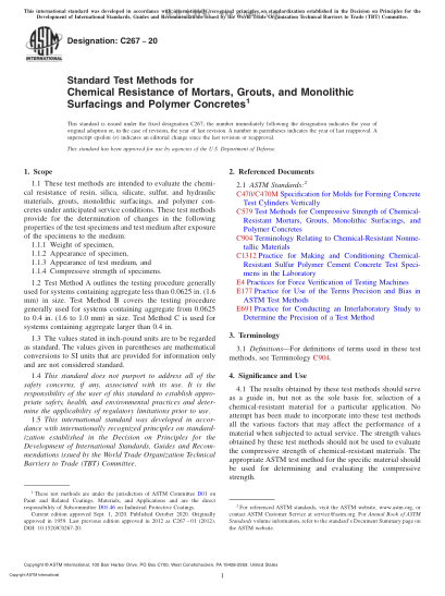ASTM C267-2020  Standard Test Methods for Chemical Resistance of Mortars, Grouts, and Monolithic Surfacings and Polymer Concretes