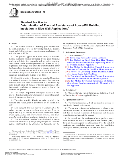 ASTM C1859-2018  Standard Practice for Determination of Thermal Resistance of Loose-Fill Building Insulation in Side Wall Applications