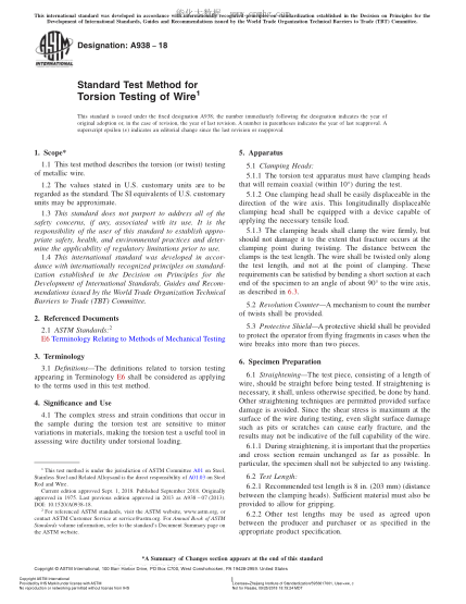 ASTM A938-2018Standard Test Method for Torsion Testing of Wire