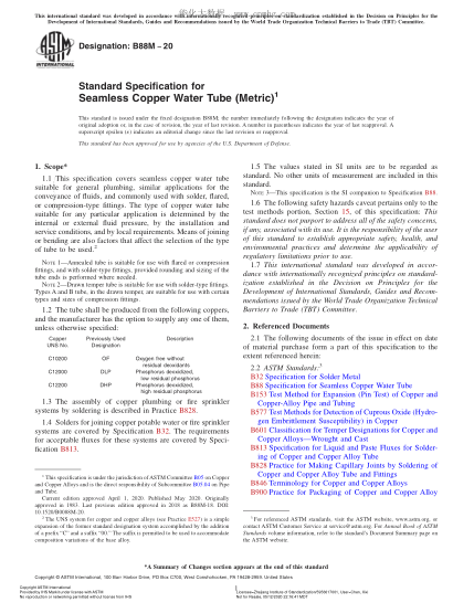 ASTM B88M-2020  Standard Specification for Seamless Copper Water Tube (Metric)