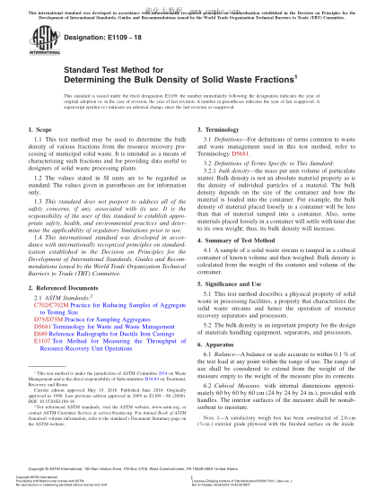 ASTM E1109-2018  Standard Test Method for Determining the Bulk Density of Solid Waste Fractions