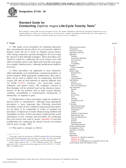 ASTM E1193-2020  Standard Guide for Conducting Daphnia magna Life-Cycle Toxicity Tests