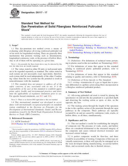 ASTM D5117-2017 實心玻璃纖維增強拉擠棒料染料滲透性試驗方法 Standard Test Method for Dye Penetration of Solid Fiberglass Reinforced Pultruded Stock