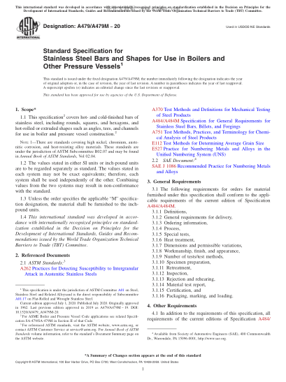 ASTM A479/A479M-2020  Standard Specification for Stainless Steel Bars and Shapes for Use in Boilers and Other Pressure Vessels