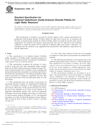 ASTM C922-2021  Standard Specification for Sintered Gadolinium Oxide-Uranium Dioxide Pellets for Light Water Reactors