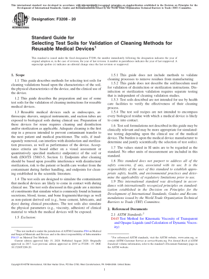 ASTM F3208-2020Standard Guide for Selecting Test Soils for Validation of Cleaning Methods for Reusable Medical Devices