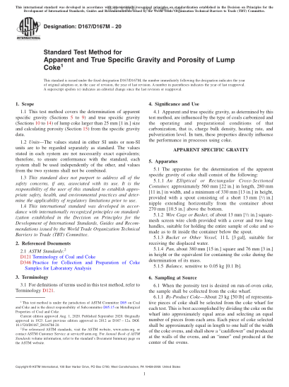 ASTM D167/D167M-2020  Standard Test Method for Apparent and True Specific Gravity and Porosity of Lump Coke