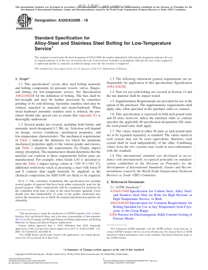 ASTM A320/A320M-2018 低溫用合金鋼和不銹鋼螺栓材料規(guī)格 Standard Specification for Alloy-Steel and Stainless Steel Bolting for Low-Temperature Service