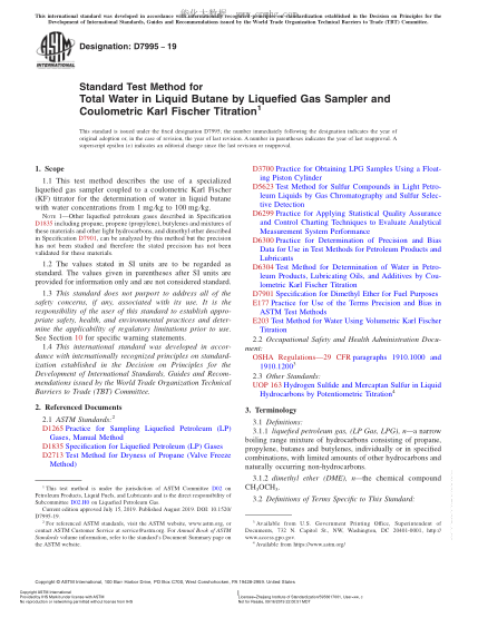 ASTM D7995-2019  Standard Test Method for Total Water in Liquid Butane by Liquefied Gas Sampler and Coulometric Karl Fischer Titration