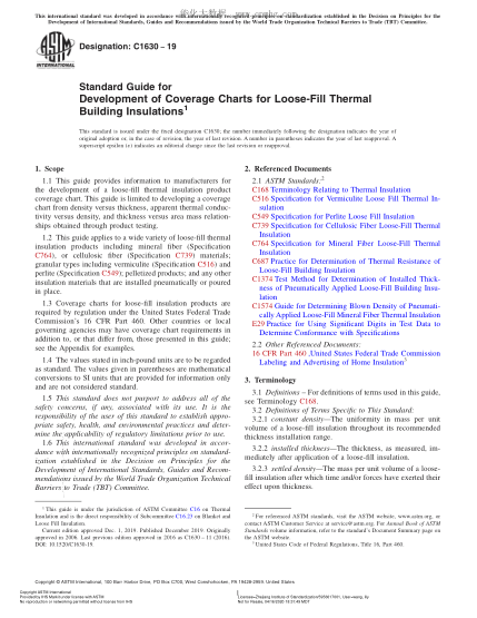 ASTM C1630-2019 建筑物松散隔熱材料類型表制定指南 Standard Guide for Development of Coverage Charts for Loose-Fill Thermal Building Insulations