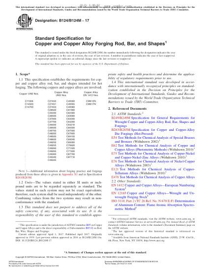 ASTM B124/B124M-2017 銅和銅合金鍛制線材、棒材及型材規(guī)格 Standard Specification for Copper and Copper Alloy Forging Rod,Bar,and Shapes