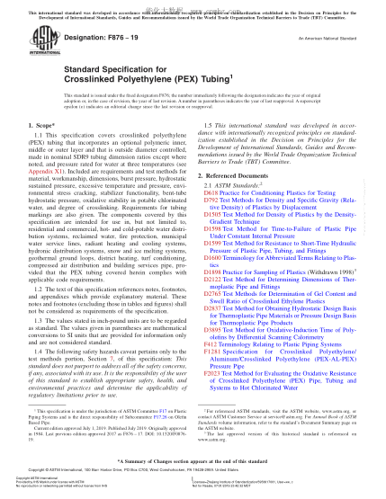 ASTM F876-2019  Standard Specification for Crosslinked Polyethylene (PEX) Tubing
