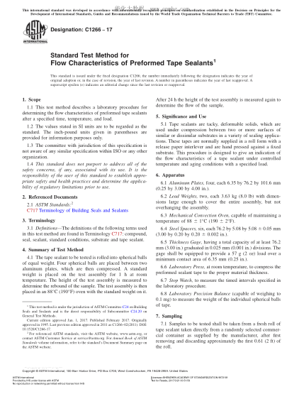 ASTM C1266-2017 預(yù)制膠帶密封劑流動性能試驗方法 Standard Test Method for  Flow Characteristics of Preformed Tape Sealants