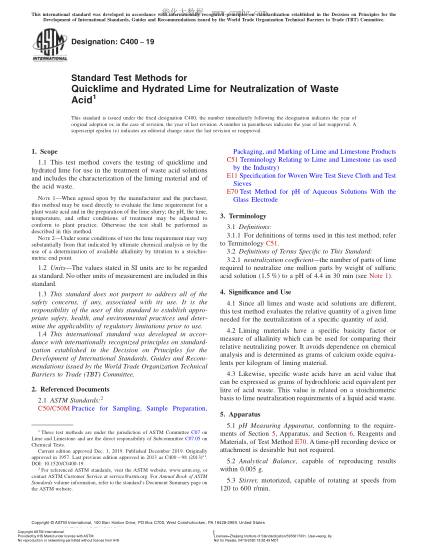 ASTM C400-2019  Standard Test Methods for Quicklime and Hydrated Lime for Neutralization of Waste Acid