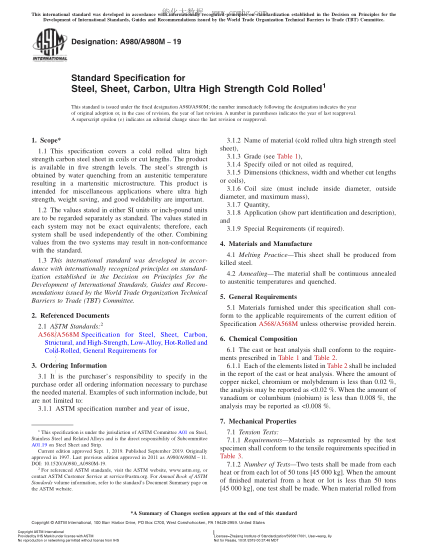 ASTM A980/A980M-2019 超高強(qiáng)度冷軋?zhí)妓劁摫“逡?guī)格 Standard Specification for Steel, Sheet, Carbon, Ultra High Strength Cold Rolled
