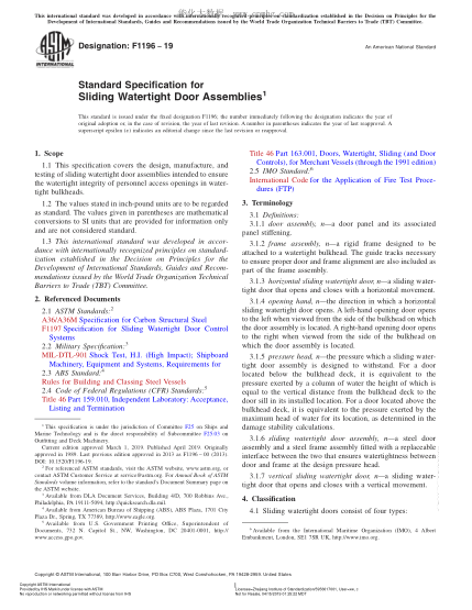 ASTM F1196-2019  Standard Specification for Sliding Watertight Door Assemblies