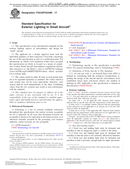 ASTM F3234/F3234M-2017 小型飛行器外部照明規(guī)格 Standard Specification for Exterior Lighting in Small Aircraft