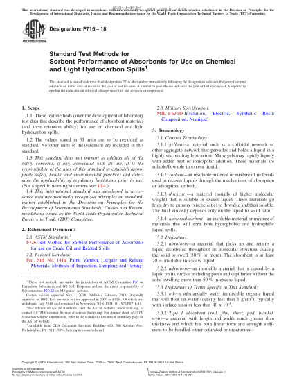 ASTM F716-2018 吸收劑吸附性試驗方法 Standard Test Methods for Sorbent Performance of Absorbents for Use on Chemical and Light Hydrocarbon Spills