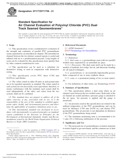 ASTM D7177/D7177M-2021  Standard Specification for Air Channel Evaluation of Polyvinyl Chloride (PVC) Dual Track Seamed Geomembranes