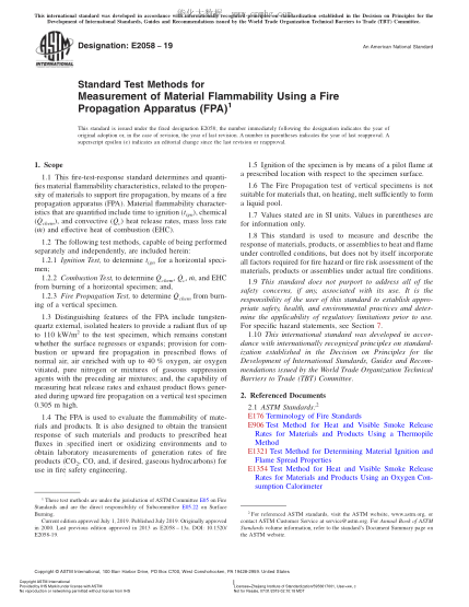 ASTM E2058-2019 用火傳播儀測量合成聚合材料可燃性的試驗方法 Standard Test Methods for Measurement of Material Flammability Using a Fire Propagation Apparatus (FPA)