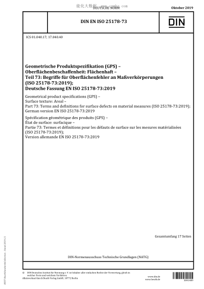 DIN EN ISO 25178-73-2019  Geometrical product specifications (GPS) &ndash; Surface texture: Areal &ndash; Part 73: Terms and definitions for surface defects on material measures