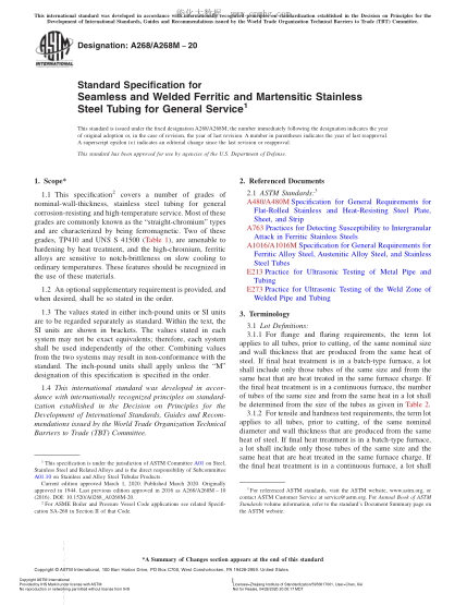 ASTM A268/A268M-2020  Standard Specification for Seamless and Welded Ferritic and Martensitic Stainless Steel Tubing for General Service