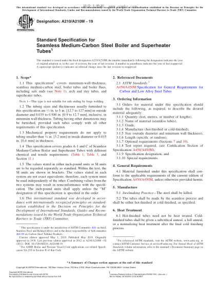 ASTM A210/A210M-2019 鍋爐和過熱器用無縫中碳鋼管的規(guī)格 Standard Specification for Seamless Medium-Carbon Steel Boiler and Superheater Tubes