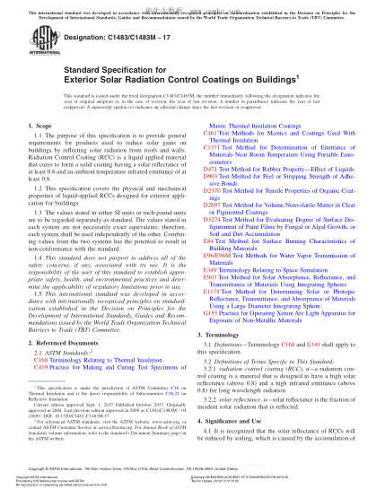 ASTM C1483/C1483M-2017 建筑物室外太陽輻射控制涂料規(guī)格 Standard Specification for Exterior Solar Radiation Control Coatings on Buildings