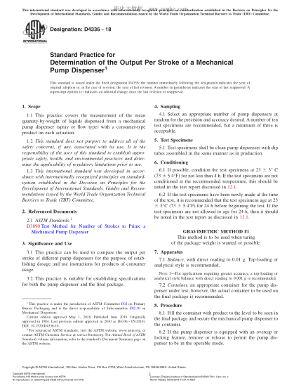 ASTM D4336-2018  Standard Practice for Determination of the Output Per Stroke of a Mechanical Pump Dispenser