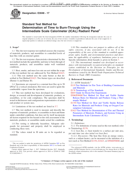 ASTM E3048-2017 用中型量熱器輻射板測定燒穿時間的方法 Standard Test Method for Determination of Time to Burn-Through Using the Intermediate Scale Calorimeter (ICAL) Radiant Panel