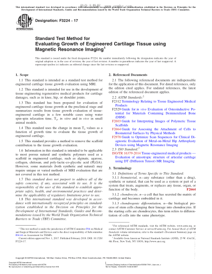 ASTM F3224-2017 用磁共振成象評(píng)定組織工程軟骨生長(zhǎng)性的試驗(yàn)方法 Standard Test Method for Evaluating Growth of Engineered Cartilage Tissue using Magnetic Resonance Imaging