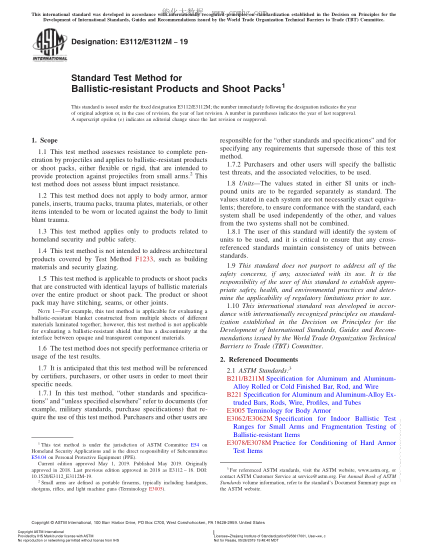 ASTM E3112/E3112M-2019 防彈產(chǎn)品和射擊包試驗方法 Standard Test Method for Ballistic-resistant Products and Shoot Packs