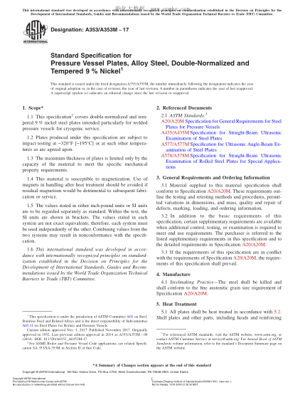 ASTM A353/A353M-2017 壓力容器用經(jīng)二次正火及回火處理的含9%鎳的合金鋼中厚板規(guī)格 Standard Specification for Pressure Vessel Plates,Alloy Steel,Double-Normalized and Tempered 9?% Nickel