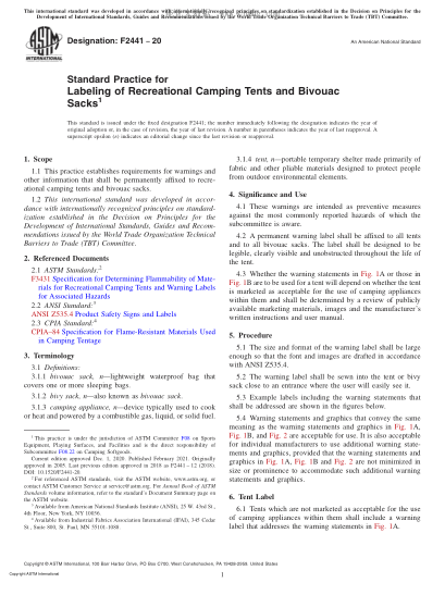 ASTM F2441-2020  Standard Practice for Labeling of Recreational Camping Tents and Bivouac Sacks