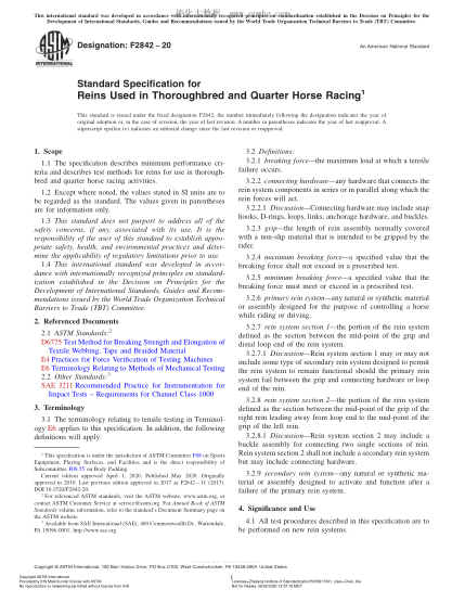 ASTM F2842-2020  Standard Specification for Reins Used in Thoroughbred and Quarter Horse Racing