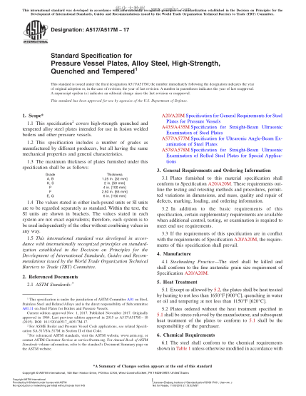 ASTM A517/A517M-2017 壓力容器用經(jīng)回火與淬火的高強(qiáng)度合金鋼中厚板規(guī)格 Standard Specification for Pressure Vessel Plates,Alloy Steel,High-Strength,Quenched and Tempered