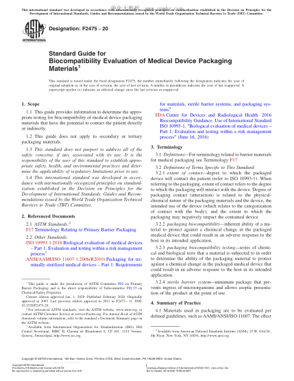 ASTM F2475-2020Standard Guide for Biocompatibility Evaluation of Medical Device Packaging Materials