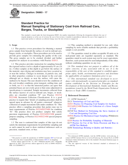 ASTM D6883-2017 從鐵路車輛、駁船、卡車或儲料堆對靜態(tài)煤進行手工取樣的規(guī)程 Standard Practice for Manual Sampling of Stationary Coal from Railroad Cars,Barges,Trucks,or Stockpiles