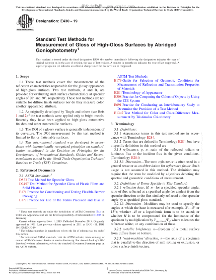ASTM E430-2019  Standard Test Methods for Measurement of Gloss of High-Gloss Surfaces by Abridged Goniophotometry