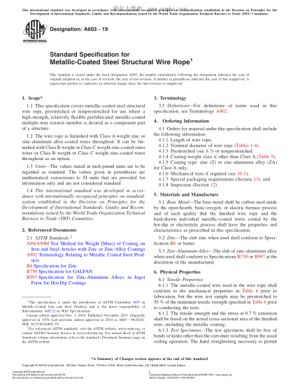ASTM A603-2019 鍍鋅鋼絲結構繩規(guī)格 Standard Specification for Metallic-Coated Steel Structural Wire Rope