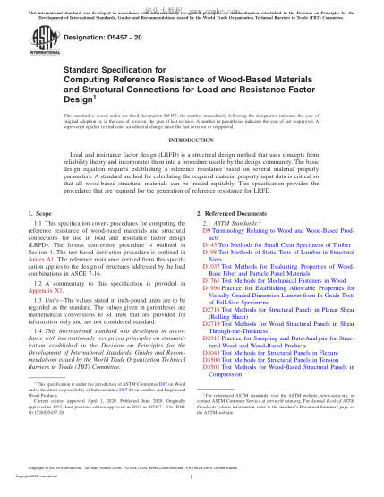 ASTM D5457-2020  Standard Specification for Computing Reference Resistance of Wood-Based Materials and Structural Connections for Load and Resistance Factor Design