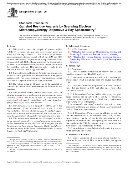 ASTM E1588-2020  Standard Practice for Gunshot Residue Analysis by Scanning Electron Microscopy/Energy Dispersive X-Ray Spectrometry