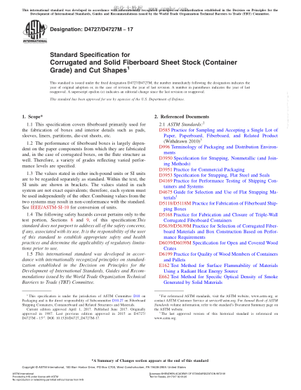 ASTM D4727/D4727M-2017 波紋實心纖維板坯料(包裝級)和切割形狀規(guī)格 Standard Specification for Corrugated and Solid Fiberboard Sheet Stock (Container Grade) and Cut Shapes